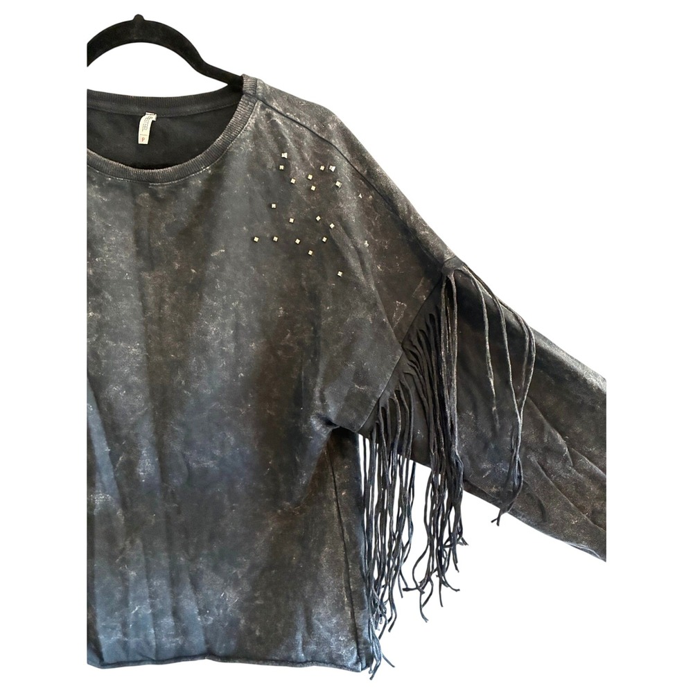 BLUESTEEL Fringe Long Sleeve Black Studs Grunge Moto Sweatshirt Pullover Medium